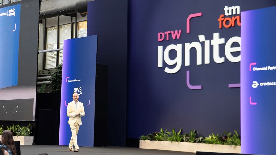 TM Forum’s VP of innovation, Aaron Boasman-Patel, on stage at the industry body’s DTW Ignite event in Copenhagen