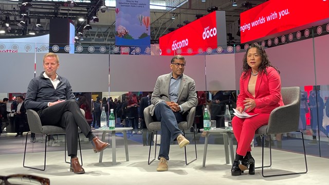 Rainer Deutschmann from Telia, Srini Kalapala from Verizon and Lan Guan from Accenture in a panel discussion at Mobile World Congress 2024 in Barcelona - 26 February 2024.