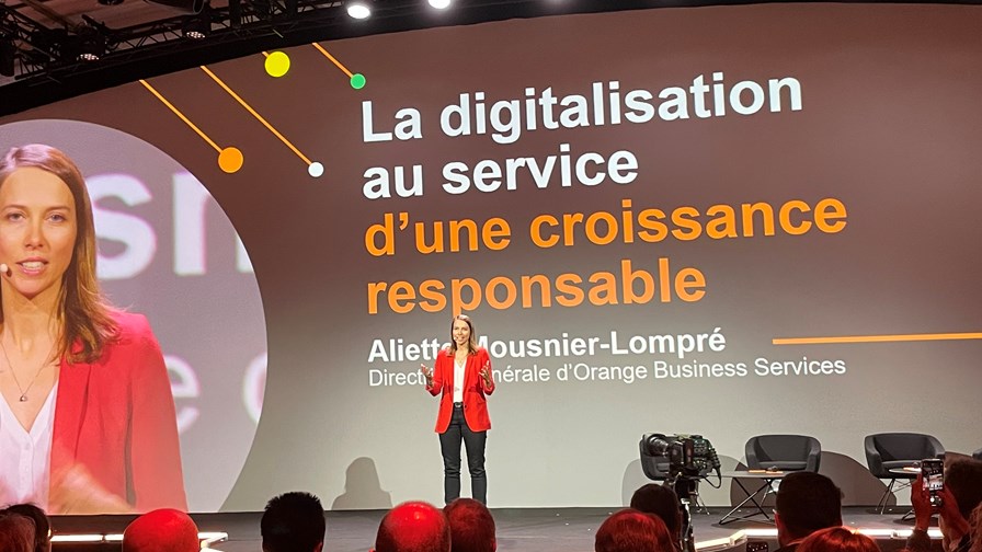 Aliette Mousnier-Lompré, CEO of Orange Business Services, addresses the Orange Business Summit 2022 in Paris.