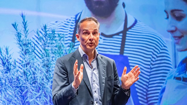 Bas Burger, CEO of BT Business, giving a keynote speech at BT’s Sustainability Festival held at Adastral Park in September 2023.