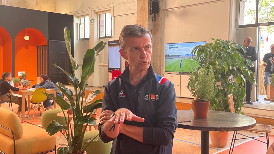 Bertrand Rojat, chief technology and information officer at Orange Events, gives a briefing at the Orange’s ‘Olympic village’ – the Halle des Blancs Manteaux d'Orange in Paris.