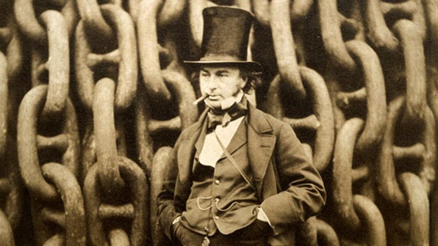 Isambard Kingdom Brunel standing in front of some Victorian communications infrastructure.  