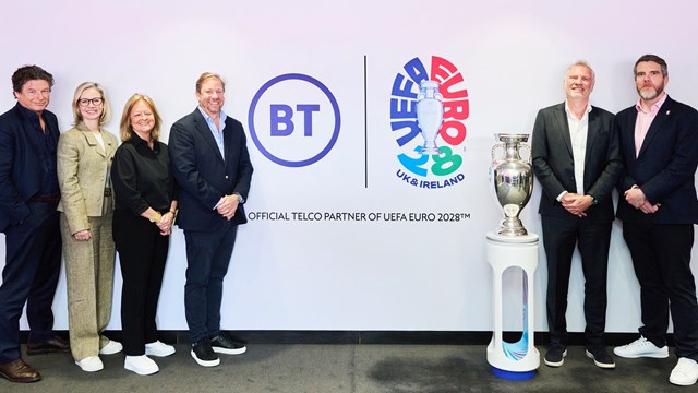 Left to right: Jon James (CEO, BT Business); Claire Gillies (CEO, Consumer, BT Group); Allison Kirkby (CEO, BT Group); Greg McCall (Chief Security & Networks Officer, BT); Guy-Laurent Epstein (Executive Director of Marketing, UEFA Events SA); and Chris Bryant (Managing Director, UK & Ireland 2028 Ltd). 
