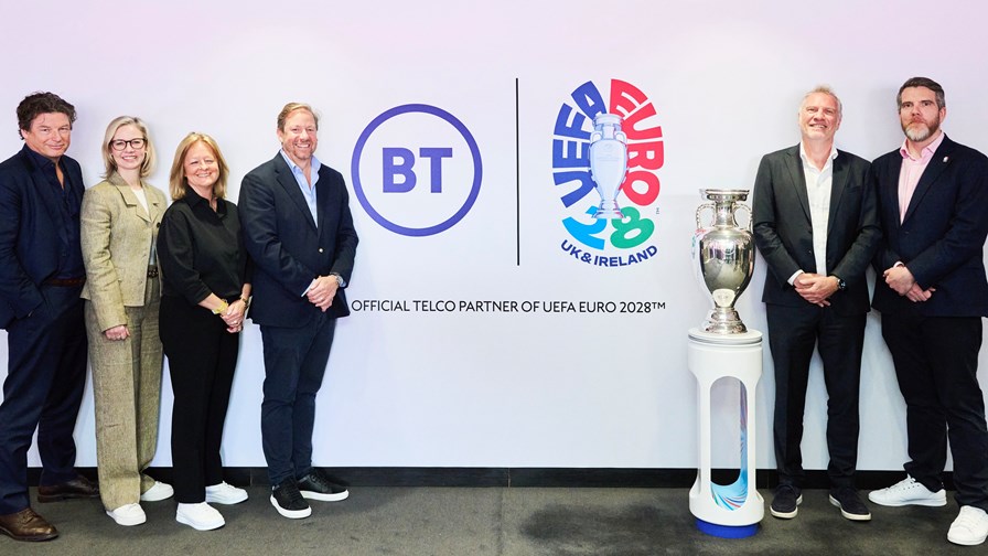 Left to right: Jon James (CEO, BT Business); Claire Gillies (CEO, Consumer, BT Group); Allison Kirkby (CEO, BT Group); Greg McCall (Chief Security & Networks Officer, BT); Guy-Laurent Epstein (Executive Director of Marketing, UEFA Events SA); and Chris Bryant (Managing Director, UK & Ireland 2028 Ltd). 