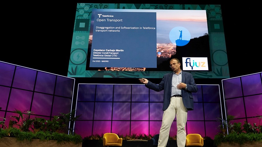 Telefónica's Cayetano Carbajo gives his presentation at the Fyuz 2023 event. Picture credit: Telecom Infra Project (TIP). Telefónica's Cayetano Carbajo gives his presentation at the Fyuz 2023 event. Picture credit: Telecom Infra Project (TIP).