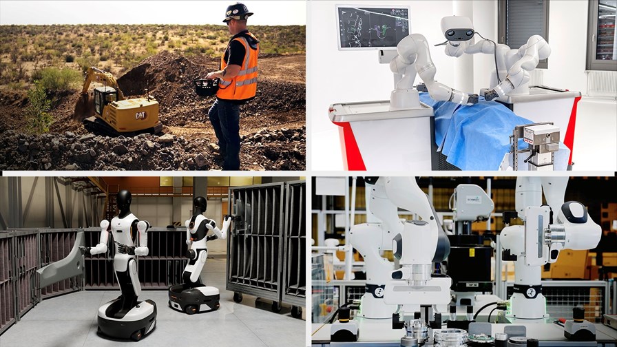 Image source, Nvidia: Featured images courtesy of Caterpillar (top left), LEM Surgical (top right), AGIBOT (bottom left) and Franka Robotics (bottom right).