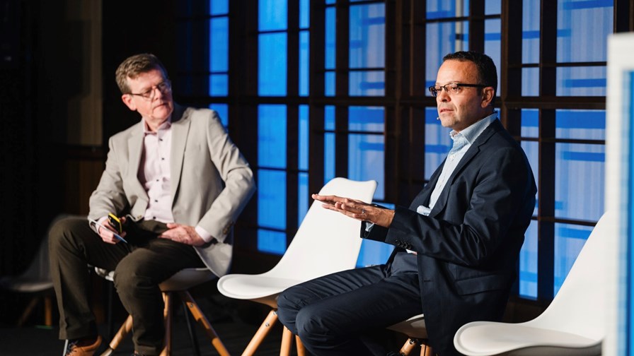 Deutsche Telekom's Ahmed Hafez (right) on stage at the AI-Native Telco Forum 2025, with TelecomTV's Guy Daniels (left).