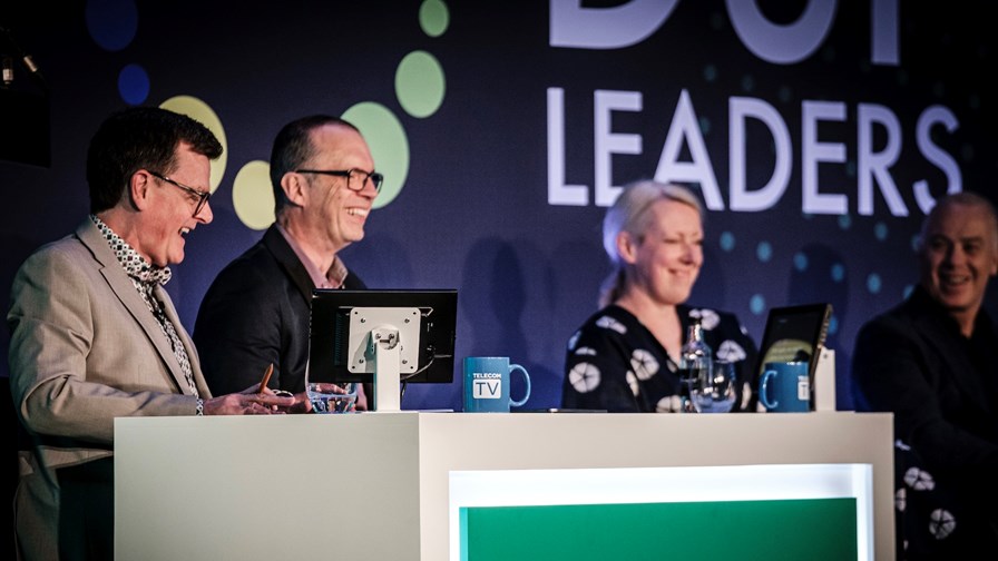 Who says cloud native isn't fun? TelecomTV's Guy Daniels (left), Deutsche Telekom's Franz Seiser (centre left), BT's Laura Murphy (centre right) and Colt's Mirko Voltolini get into the spirit of DSP Leaders World Forum. 