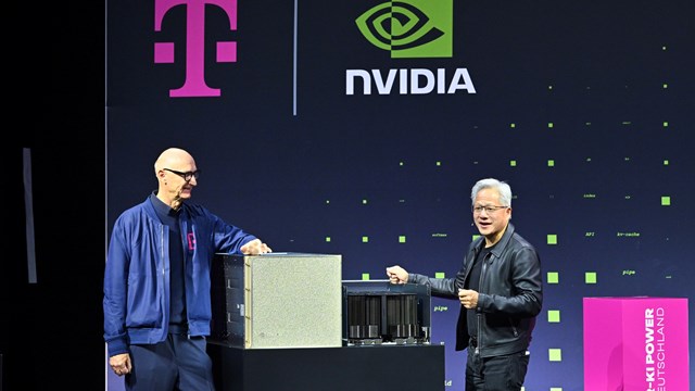Deutsche Telekom CEO Tim Höttges (left) and Nvidia CEO Jensen Huang (right)