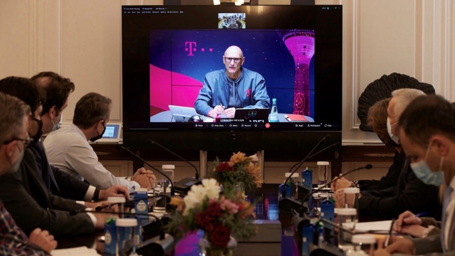 Deutsche Telekom CEO Tim Höttges addresses the meeting of OTE and Greek government officials. 