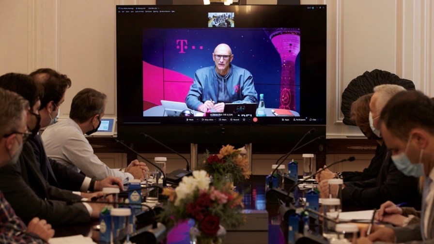 Deutsche Telekom CEO Tim Höttges addresses the meeting of OTE and Greek government officials. Deutsche Telekom CEO Tim Höttges addresses the meeting of OTE and Greek government officials.