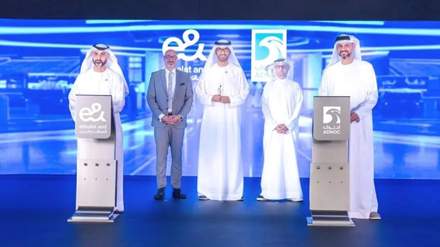 Adnoc and e& strike 5G network deal (left to right): Masood Sharif Mahmood, CEO e& UAE; Hatem Dowidar, e& Group CEO; H.E. Dr. Sultan Al Jaber, Adnoc Group CEO; H.E. Jassem Alzaabi, e& Chairman; Yaser Almazrouei, executive director, Adnoc.