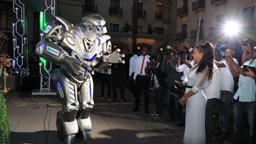 A robot interacting with Ethio Telecom CEO Frehiwot Tamiru at the operator's launch of a pre-commercial 5G network in Ethiopian capital Addis Ababa.