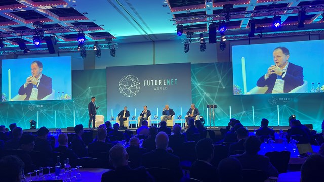 Executives from AvidThink, BT Group, Orange, Vodafone UK and Blue Planet taking part in a panel discussion at FutureNet World 2024.