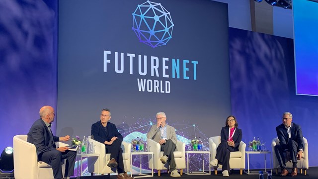 FutureNet World 2025 opening panel, left to right: Mark Newman, TM Forum; Bruno Zerbib, Orange; Cathal Kennedy, Telenor; Gabriela Styf Sjöman, BT Group; and Joe Cumello, Blue Planet (a division of Ciena). 