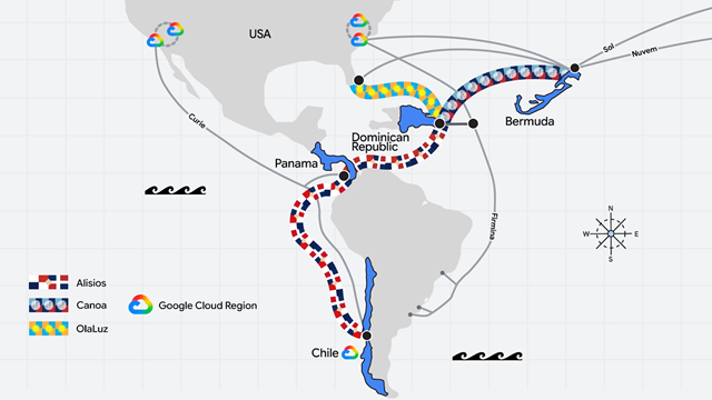 Google Cloud's plans for its Alisios, Canoa, and OlaLuz subsea cables.