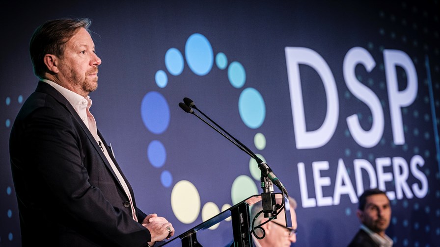BT Group's chief networks officer Greg McCall delivers his address at this year's DSP Leaders World Forum in Windsor, UK. 