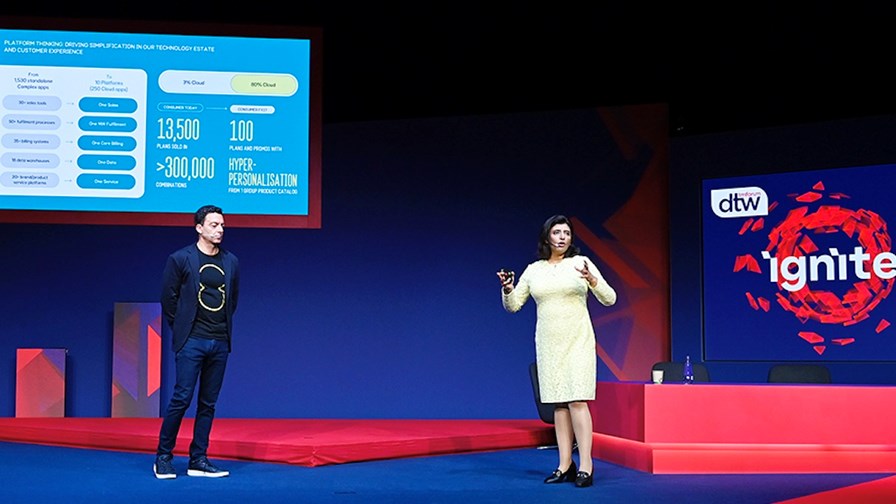 EE CEO Marc Allera takes to the DTW24 stage in Copenhagen with BT's CDIO Harmeen Mehta. EE CEO Marc Allera takes to the DTW24 stage in Copenhagen with BT's CDIO Harmeen Mehta.