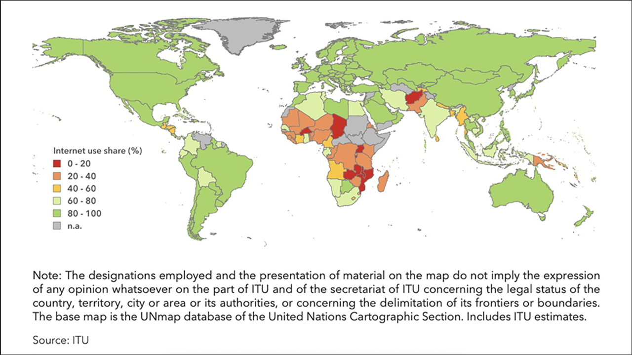 ITU global internet penetration map showing connectivity gaps in Sub-Saharan Africa and South Asia