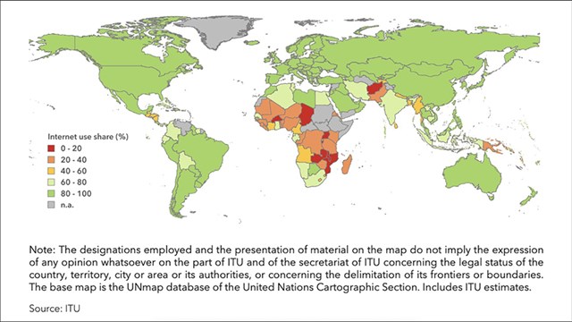 Percentage of the population using the internet, 2024 or latest year available. Source: ITU Global Connectivity Report 2025.