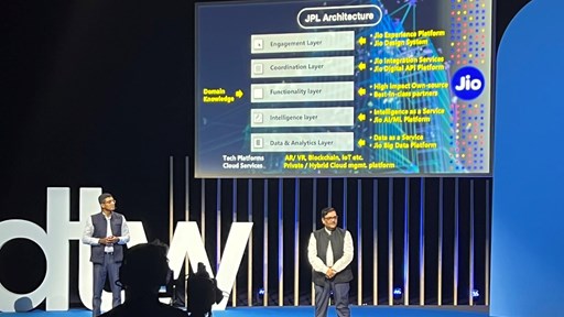 Kiran Thomas, president and CEO at Jio Platforms (left), and his colleague Anish Shah, president and chief operating officer (COO), deliver their keynote presentation at DTW2022.