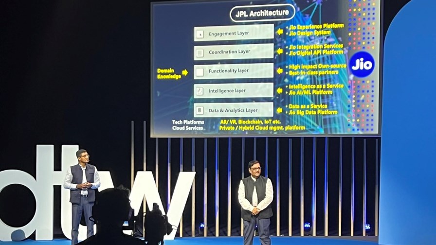 Kiran Thomas, president and CEO at Jio Platforms (left), and his colleague Anish Shah, president and chief operating officer (COO), deliver their keynote presentation at DTW2022. Kiran Thomas, president and CEO at Jio Platforms (left), and his colleague Anish Shah, president and chief operating officer (COO), deliver their keynote presentation at DTW2022.