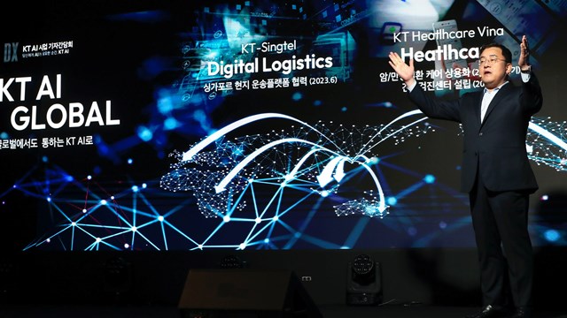Song Jae-ho, head of KT's AI/DX Convergence Business Division, present's the company's AI strategy at a press conference in Seoul, South Korea.