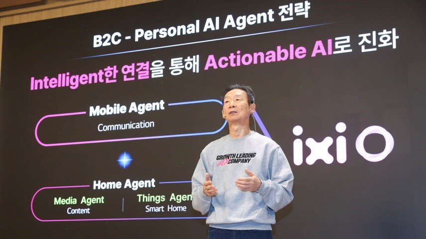 LG Uplus CEO Hwang Hyeon-sik introduces the ixi-O AI agent.