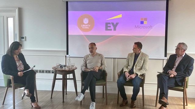 From left to right: Anne Nguyen, MD of corporate strategy at Liberty Global; Enrique Rodriguez, Liberty Global CTO; Jed Griffiths, UK chief digital officer at Microsoft; and Harvey Lewis, partner at EY, at a panel discussion in London, UK – 7 May 2024.