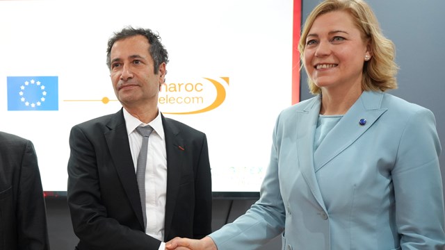Maroc Telecom's CEO, Mohamed Benchaaboun, meets the EC's head of digital sovereignty, Henna Virkkunen, at Gitex Africa 2026.