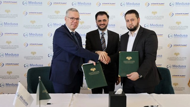 Norman Albi, CEO of Medusa, Jamal Al-Din Al-Khatib, chairman of the Steering Committee at Syria Telecom, and Adbul-Salam Haykal of the Syrian Ministry of Communications and Technology.