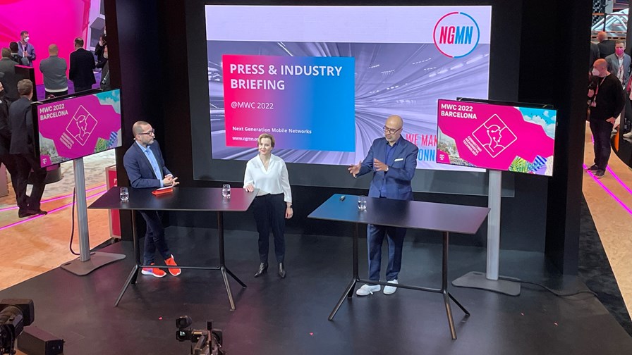 NGMN Alliance CEO Anita Döhler (middle) and the forum’s Chairman Arash Ashouriha (far right) at its annual Press & Industry Briefing at #MWC22.