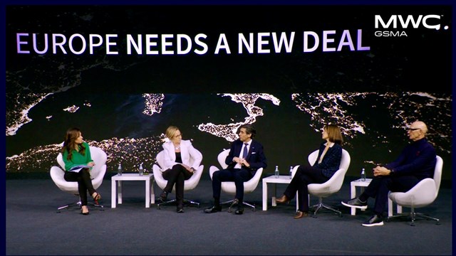Left to right: Moderator Karen Tso from CNBC; Vodafone's Margherita Della Valle; Telefónica’s José María Álvarez-Pallete; Orange’s Christel Heydemann; and Deutsche Telekom’s Tim Höttges.
