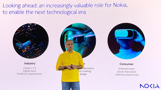 Nishant Batra, chief strategy and technology officer at Nokia, provides a business update at a pre-MWC event in Barcelona, 2023.