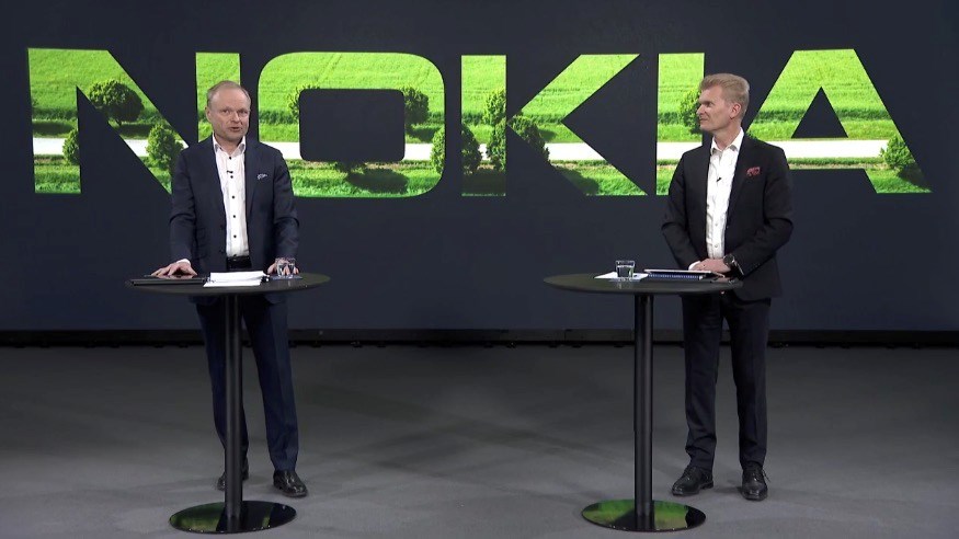 Nokia CEO Pekka Lundmark (left) and CFO Marco Wirén during the Q1 2021 results webcast