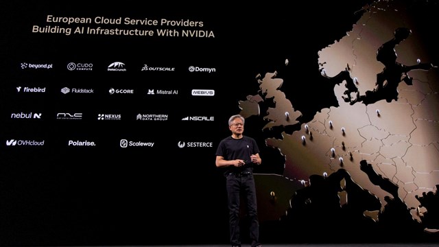 Nvidia CEO Jensen Huang gives his keynote speech at GTC Paris on the opening day of the VivaTech 2025 event.