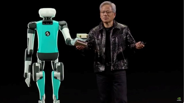 Nvidia CEO Jensen Huang takes to the keynote stage at CES 2025.