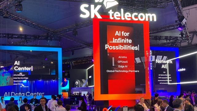 SK Telecom's MWC26 booth is dominated by AI messaging.