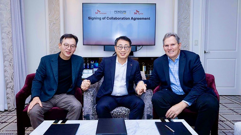 L to R: Ju Seon Kim, president of AI Infrastructure at SK Hynix; Ryu Young-sang, president and CEO at SK Telecom; and Mark Adams, president and CEO at Penguin Solutions. L to R: Ju Seon Kim, president of AI Infrastructure at SK Hynix; Ryu Young-sang, president and CEO at SK Telecom; and Mark Adams, president and CEO at Penguin Solutions.