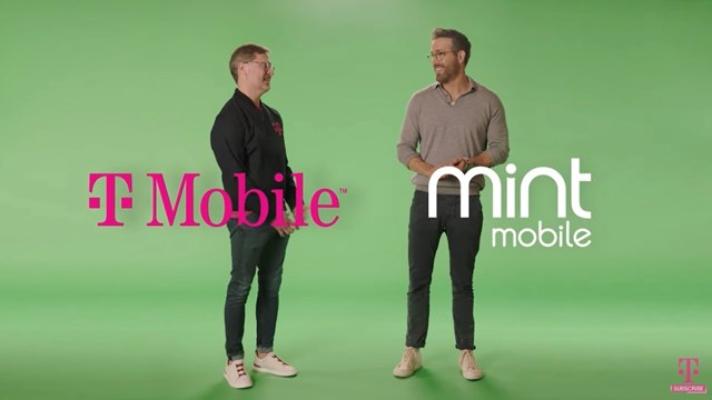 T-Mobile US CEO Mike Sievert (left) tries acting with Ryan Reynolds.
