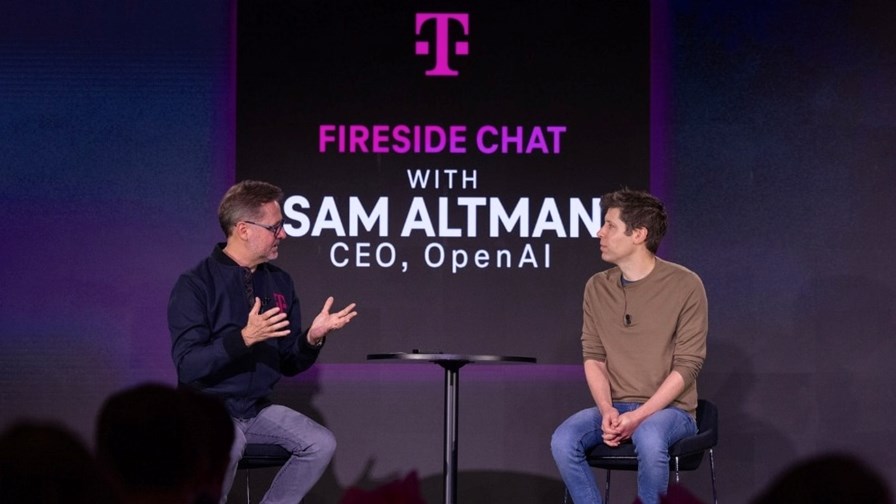 T-Mobile US CEO Mike Sievert (Left) chats with OpenAI chief Sam Altman. T-Mobile US CEO Mike Sievert (Left) chats with OpenAI chief Sam Altman.