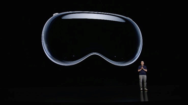 Apple CEO Tim Cook introduces the Vision Pro during the company's Worldwide Developers Conference 2023 (though fortunately the actual device is not that large in reality...) 