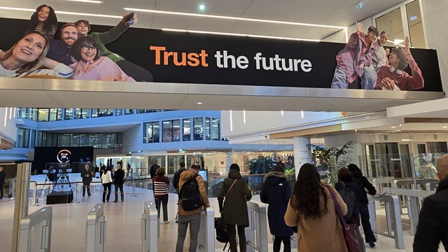 Attendees arrive at Orange's Capital Markets Day presentations in Paris on 19 February.