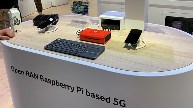 Vodafone's 5G-in-a-box, now coated in corporate red paint, is on display at MWC23 in Barcelona.